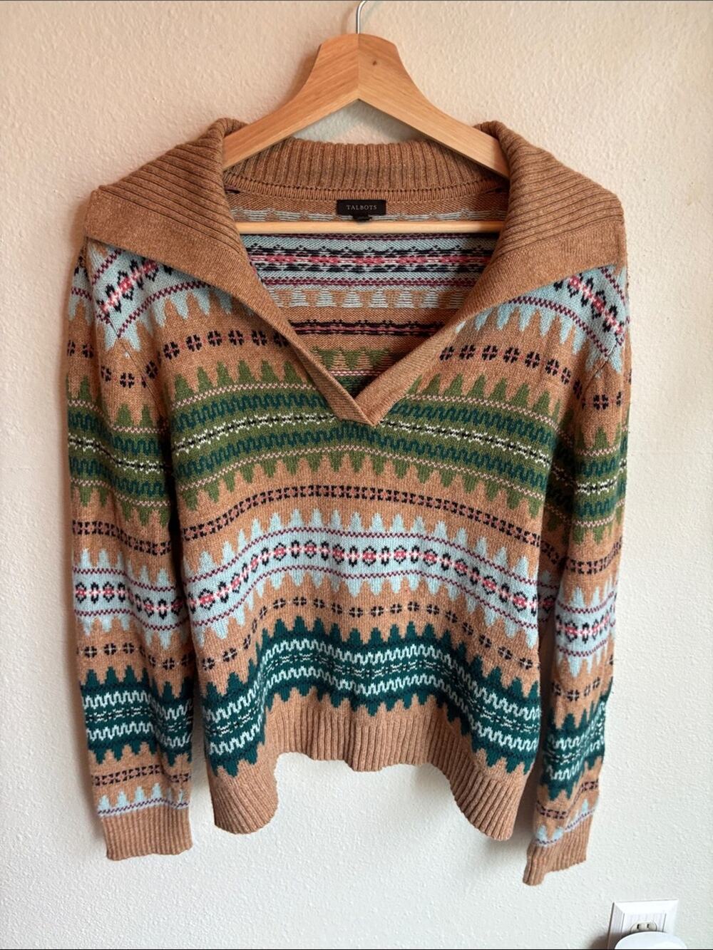 Talbots Neutral Multi-Pattern Shawl Fair Isle Collar Sweater Large
